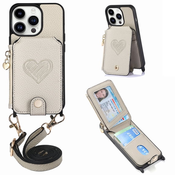 Compatible with iPhone 11 Pro Max Case Wallet, with Credit Card Holder Zipper Pocket Crossbody Strap Heart Pattern PU Leather Magnetic Clasp Kickstand Heavy Duty Protective Flip Cover, Gray