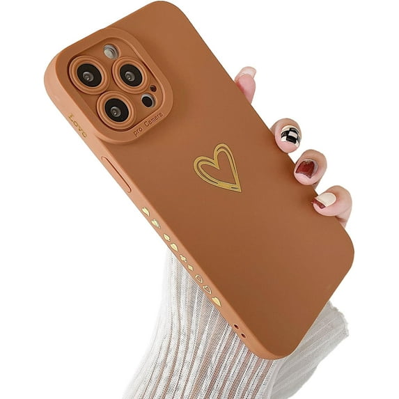 Compatible with iPhone 11 Pro Max Case for Women, Bronzing Luxury Heart Phone Case Cute Side Small Pattern Soft TPU Full Camera Lens Protective Case for 11 Pro Max -6.5 inch (Brown)