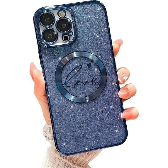 Compatible with iPhone 11 Pro Max Magnetic Glitter Case-6.5 Inch, Luxury Love Heart Pattern Plating Bling Clear Case, Compatible with MagSafe for Women Girls Shockproof Back Cover-Blue