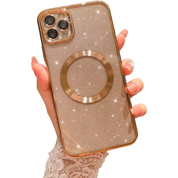 Compatible with iPhone 11 Pro Max Magnetic Glitter Case, Luxury Plating Cute Bling Clear Phone Case, Compatible with MagSafe for Women Girls with Camera Protector Back Cover - Gold
