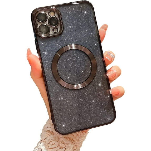 Compatible with iPhone 11 Pro Max Magnetic Glitter Case, Luxury Plating Cute Bling Clear Phone Case, Compatible with MagSafe for Women Girls with Camera Protector Back Cover - Black