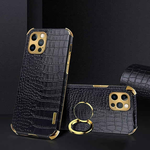 Compatible with iPhone 11 Pro Max Ring Holder Case Luxury Crocodile Cover Gold Edge 360 Degree Rotation Stand for Women Girls Slim Leather Snake Lizard Skin Protective Cover case,6.5inch-Black