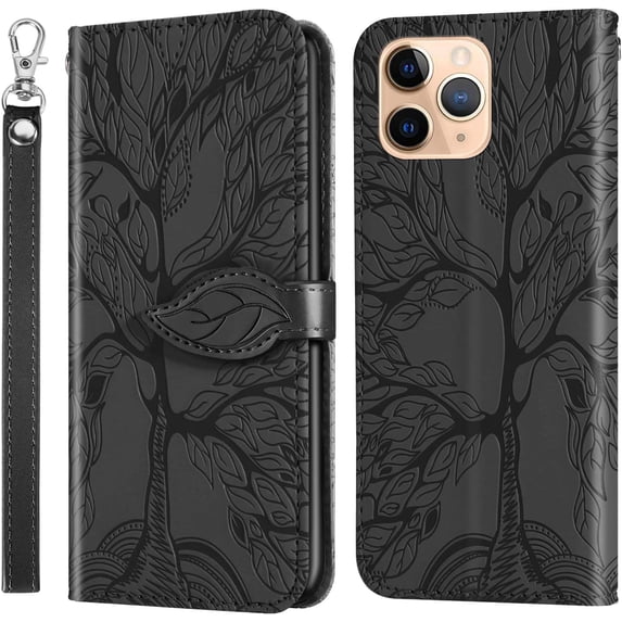 Compatible with iPhone 11 Pro Max Wallet Case Women Leather Flip with Wrist Strap Kickstand Magnetic Shockproof with Card Holder Protective Case for iPhone 11 Pro Max Life Tree Black