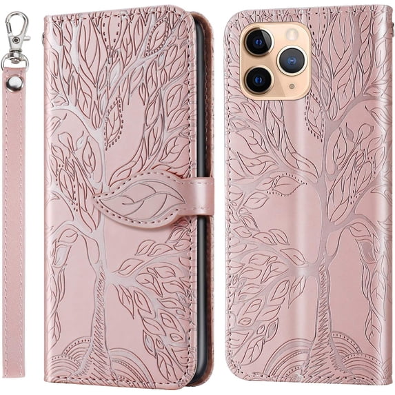 Compatible with iPhone 11 Pro Max Wallet Case Women Leather Flip with Wrist Strap Kickstand Magnetic Shockproof with Card Holder Protective Case for iPhone 11 Pro Max Life Tree Rose Gold