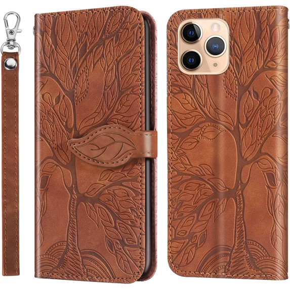 Compatible with iPhone 11 Pro Max Wallet Case Women Leather Flip with Wrist Strap Kickstand Magnetic Shockproof with Card Holder Protective Case for iPhone 11 Pro Max Life Tree Brown