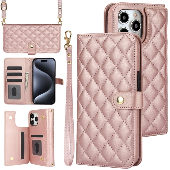 Compatible with iPhone 11 Pro Max Wallet Case Wrist Strap + Crossbody Strap, PU Leather Multifunctional Card Slots Stand Rugged Cell Phone Cover for iPhone 11 Pro Max Women Girls, Rosegold