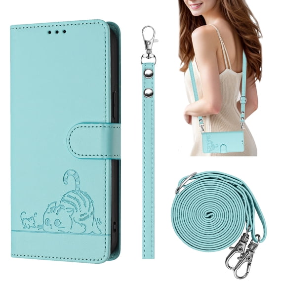Compatible with iPhone 11 Pro Max Wrist Strap, Crossbody Strap, Lovely Cat Embossed PU Leather Flip Card Holder Stand Phone Cover for iPhone 11 Pro Max Case Women Girls with RFID Blocking - Mint