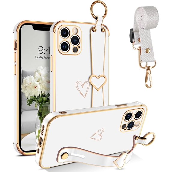Compatible with iPhone 11 Pro, Phone Case for iPhone 11 Pro, Cute Heart Wristband Lanyard Cross Body Strap Electroplated Camera Protection Protective Case Girls for iPhone 11 Pro 5.8"-White