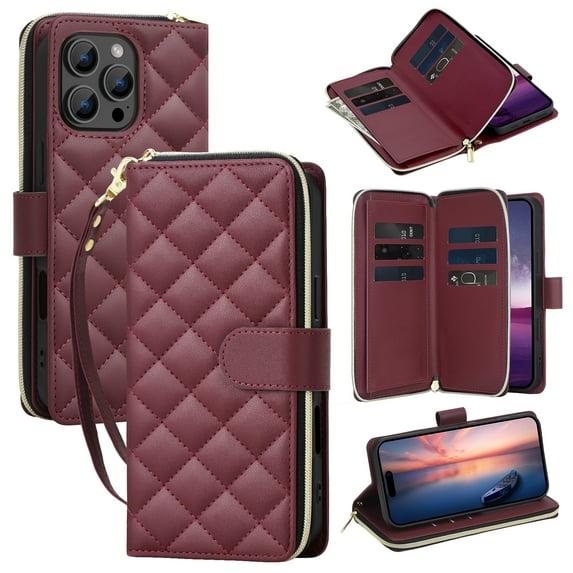 Compatible for iPhone 11 Pro Wallet Case, Crossbody Strap PU Leather Folio Phone Cover, Zipper Handbag Purse with Card Holder Lanyard Flip Stand for iPhone 11 Pro, Winered