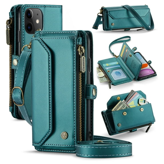 Compatible with iPhone 11 Rugged PU Leather Wallet Case, Card Slots Zipper Pocket Lanyard Crossbody Strap Kickstand RFID Blocking Full Body Protection Cover for iPhone 11, Green