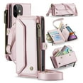 thumbnail image 1 of Compatible with iPhone 11 Rugged PU Leather Wallet Case, Card Slots Zipper Pocket Lanyard Crossbody Strap Kickstand RFID Blocking Full Body Protection Cover for iPhone 11, Pink, 1 of 10