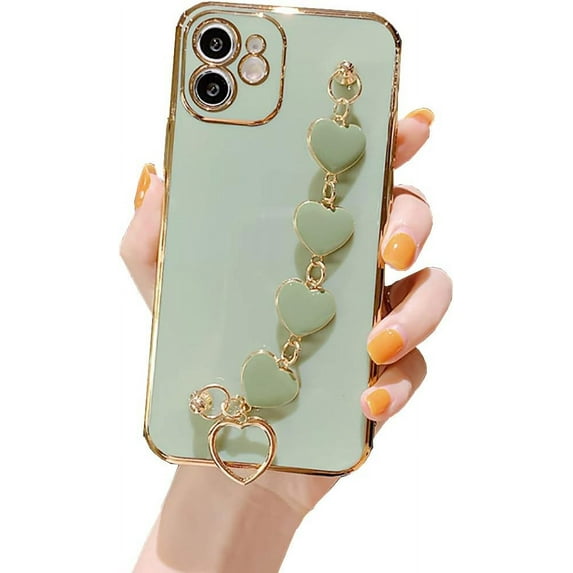 Compatible with iPhone 11 Thin for Women Girls,Luxury Plating Soft TPU Case with Love Heart Chain Bracelet Strap Shiny Cute Pretty Protective Cover for Apple iPhone 11 6.1"