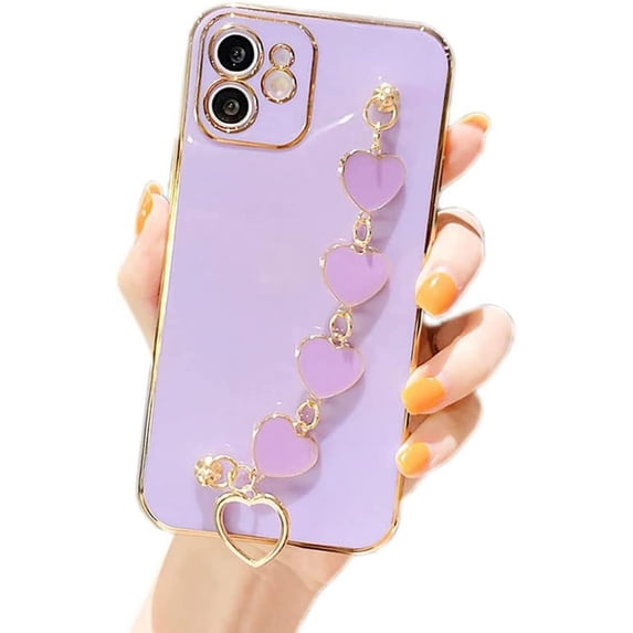 Compatible with iPhone 11 Thin for Women Girls,Luxury Plating Soft TPU Case with Love Heart Chain Bracelet Strap Shiny Cute Pretty Protective Cover for Apple iPhone 11 6.1"