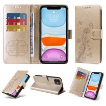 Compatible with iPhone 11 Wallet Case with Card Holder & Cash Slot [RFID Blocking],Wallet Wristlet Pressed Butterfly Flower PU Leather Magnetic Flip Folio Cover for Women Men,Gold