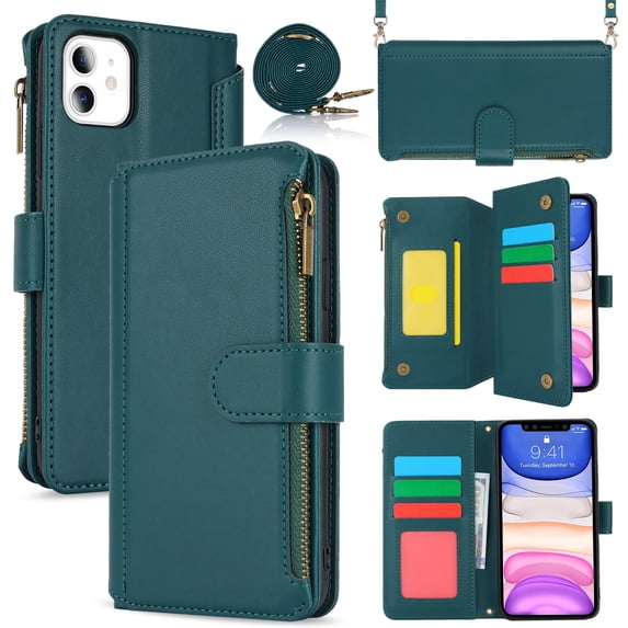 Compatible With iPhone 11 Wallet Case with Card Holder Kickstand Double Magnetic Clasp Zipper Pocket Lanyard Strap Wristlet, Leather Flip Case Women Men Wallet Cover,Green