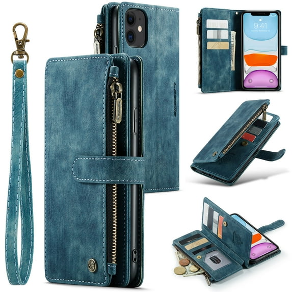 Compatible with iPhone 11 Wallet Case with Card Holder【RFID Blocking】 Zipper, for iPhone 11 Phone Case Wallet Wristlet Durable PU Leather Magnetic Flip Folio Cover for Women and Men, Blue