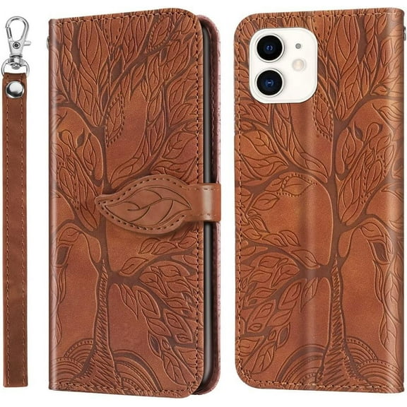 Compatible with iPhone 11 Wallet Case, iPhone 11 Case Leather with Card Holder Magnetic Kickstand Wrist Strap Flip Shockproof Case for iPhone 11 Life Tree Browm