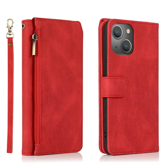 Compatible With iPhone 11 Wallet Case Full Coverage Metal Zipper and Buttons Design Dual Layer Kickstand Card Pocket Slim & Lightweight Shockproof Wrist Strap Phone Case,Red