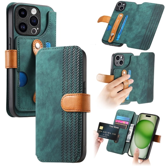 Compatible with iPhone 11 Wallet Case with RFID Blocking Card Holder Fashion PU Leather Contractible Wrist Kickstand Shockproof Anti-fall Flip Phone Case Cover For iPhone 11,Green