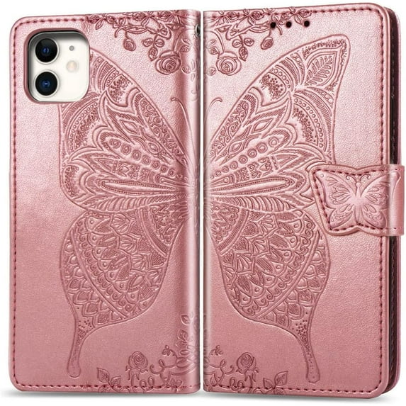 Compatible with iPhone 11 Wallet Case for Women, Leather Flip Folio with Kickstand Magnetic and Card Holder Protective Case for iPhone 11 Butterfly Rose Gold SD