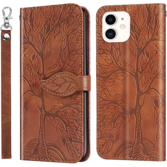 Compatible with iPhone 11 Wallet Case Women Leather Flip with Wrist Strap Kickstand Magnetic Shockproof with Card Holder Protective Case for iPhone 11 6.1 inch Life Tree Brown