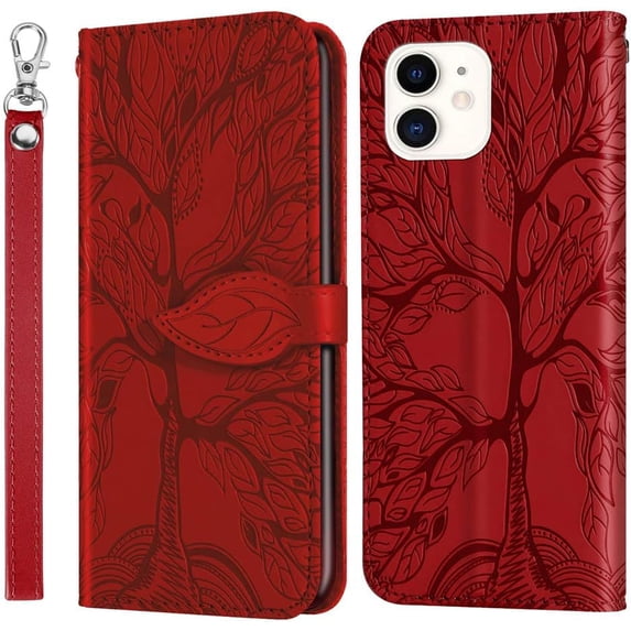 Compatible with iPhone 11 Wallet Case Women Leather Flip with Wrist Strap Kickstand Magnetic Shockproof with Card Holder Protective Case for iPhone 11 6.1 inch Life Tree Red