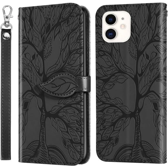 Compatible with iPhone 11 Wallet Case Women Leather Flip with Wrist Strap Kickstand Magnetic Shockproof with Card Holder Protective Case for iPhone 11 6.1 inch Life Tree Black