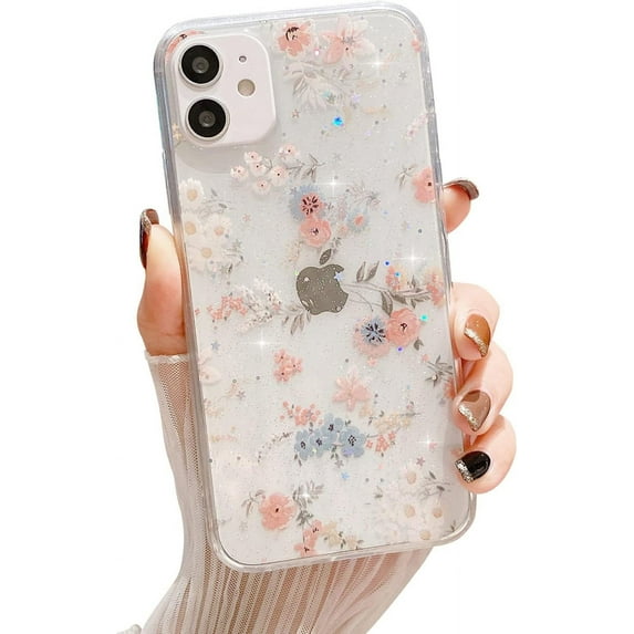 Compatible with iPhone 11 for Women Girls,Cute Clear Sparkly Bling Star Flowers Pattern Phone Case Glitter Soft Slim Fit Protective Cover for iPhone 11 6.1"