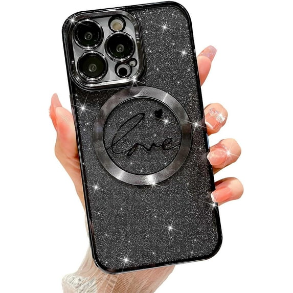 Compatible with iPhone 11 pro Magnetic Glitter Case-5.8 Inch, Luxury Love Heart Pattern Plating Clear Case, Compatible with MagSafe for Women Girls Shockproof Back Cover-Black