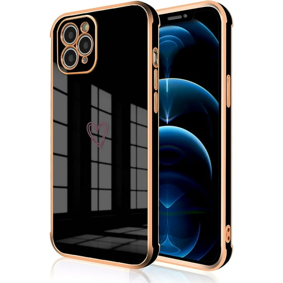 Compatible with iPhone 11 pro max Case for Women Girls,Full Camera Lens Protection Raised Reinforced Corners TPU Love Heart Plating Bumper Case Cute Slim Shockproof Case Cover(Elegant Black)