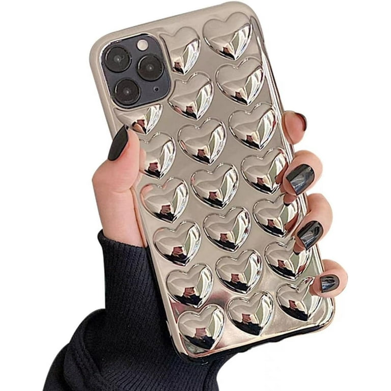 Compatible with iPhone 11Pro Max case Chrome Silver Heart Shiny