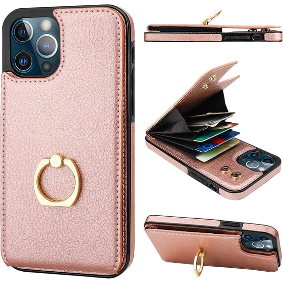 Compatible with iPhone 12/12 Pro Case Wallet with Card Holder, 360Rotation Finger Ring Holder Kickstand Protective RFID Blocking PU Leather Double Buttons Flip Shockproof 6.1 Inch Rose Gold