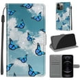 thumbnail image 1 of Compatible with iPhone 12 / 12 Pro Wallet Case for Men Women, Premium PU Leather Flip Cover with Card Holder, Wrist Strap, Kickstand Shockproof Magnetic Clasp Phone Case, White Cloud + Blue Butterfly, 1 of 8