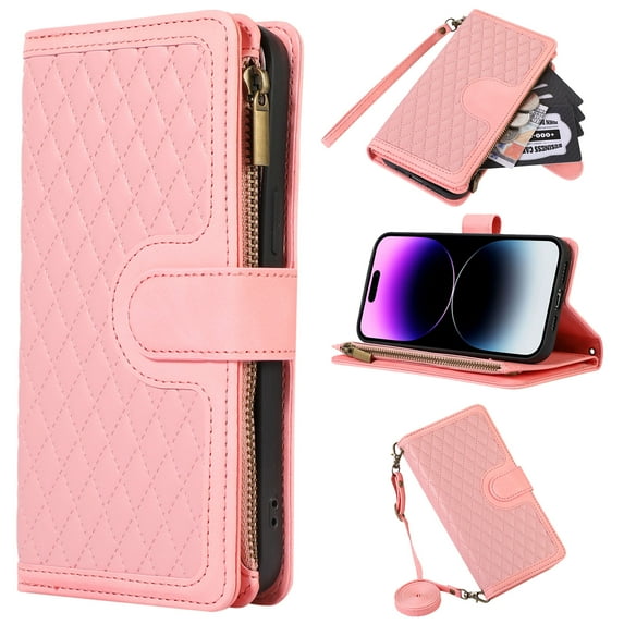 Compatible with iPhone 12/12 Pro Wallet Case for Women, Crossbody Strap Phone Case PU Leather Zipper with Wrist Strap Flip Cover Credit Card Holder Rugged for iPhone 12/12 Pro, Pink