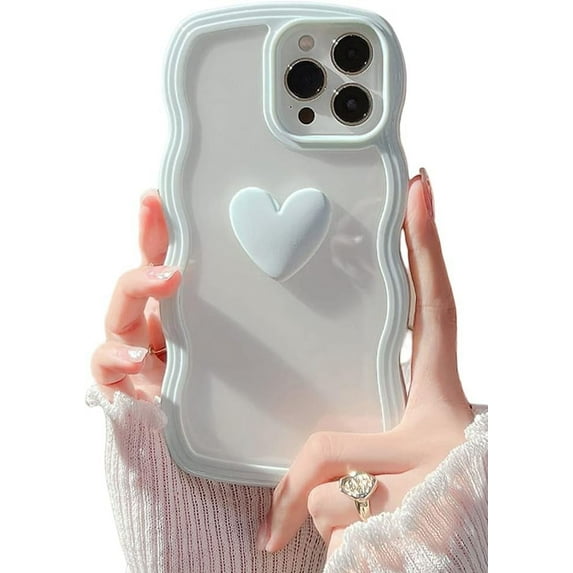 Compatible with iPhone 12/12Pro Case for Girls Women,Cute 3D Love Heart Design Curly Wave Clear Transparent Case Shockproof Protective Slim Soft TPU Bumper Cover for iPhone 12/12Pro-Blue