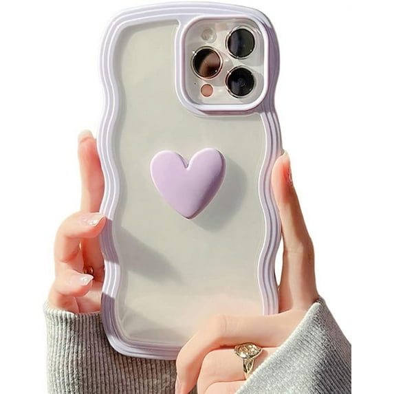 Compatible with iPhone 12/12Pro Case for Girls Women,Cute 3D Love Heart Design Curly Wave Clear Transparent Case Shockproof Protective Slim Soft TPU Bumper Cover for iPhone 12/12Pro-Purple
