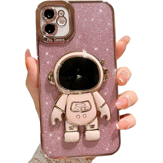 Compatible for iPhone 12 6.1 Inch Bling Plating Astronaut Hidden Stand Case, Cute 6D Stand Glitter Phone Case for Women Girls Soft TPU Shockproof Back Cover - Pink