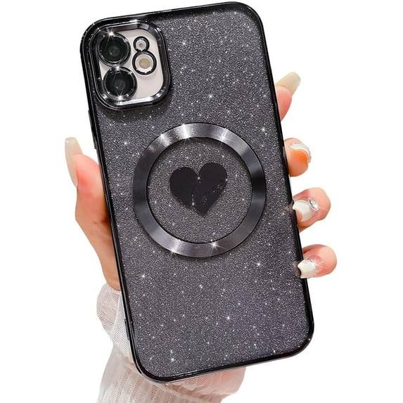 Compatible with iPhone 12 6.1 Inch Case with Magsafe, Plating Heart Glitter Magnetic Case for Women Girl TPU Camera Protection Back Cover for iPhone 12 Black