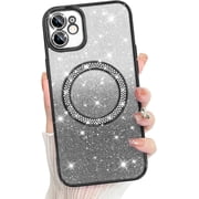 Compatible with iPhone 12 6.1 Inch Case Support for MagSafe, Plating Diamond Glitter Magnetic Case 2* Screen Protector Camera Protection Back Cover for iPhone 12 Case -Black