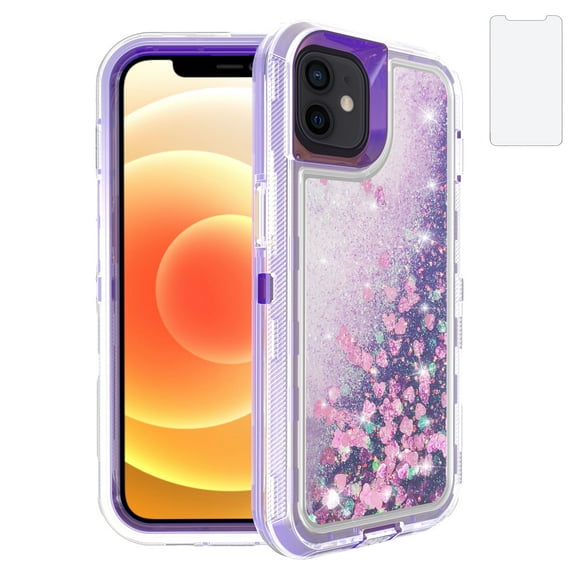 Compatible with iPhone 12 6.1 inch Phone Case Tempered Glass Screen Protector Bling Liquid Glitter Clear Hybrid Shockproof TPU Military Grade Protective Heavy Duty Cell Cover for i Phone12 Purple