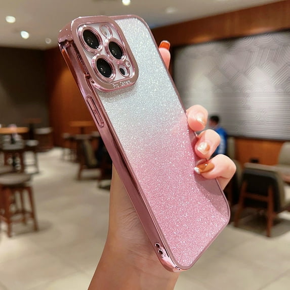 Compatible with iPhone 12, Camera Lens Protector Plating Luxury Glitter Bling Cover for Women Clear Soft TPU Shockproof Anti-Fall Protective Phone Case For iPhone 12, Pink