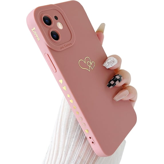 Compatible with iPhone 12 Case (6.1" 2020), Plated Luxury Heart Phone Case Cute Side Pattern Soft TPU Shockproof Full Camera Lens Protective Phone Cases for Women Girls - Pink