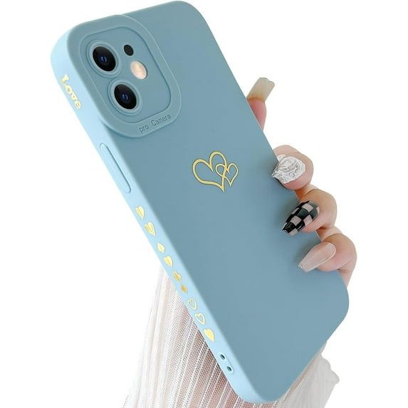 Compatible with iPhone 12 Case (6.1" 2020), Plated Luxury Heart Phone Case Cute Side Pattern Soft TPU Shockproof Full Camera Lens Protective Phone Cases for Women Girls - Light Blue