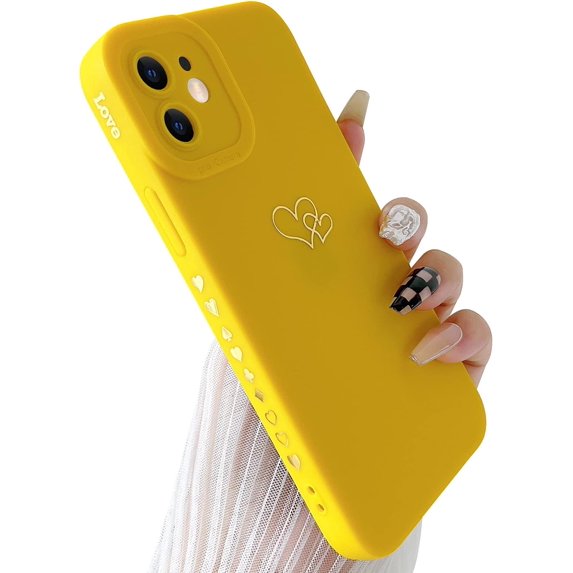 Compatible with iPhone 12 Case (6.1" 2020), Plated Luxury Heart Phone Case Cute Side Pattern Soft TPU Shockproof Full Camera Lens Protective Phone Cases for Women Girls - Yellow
