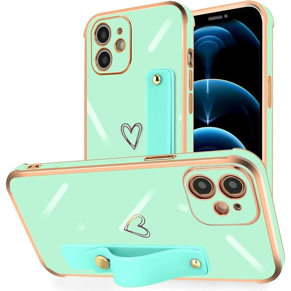 Compatible with iPhone 12 Case 6.1” Thin for Women Girls,Soft TPU Plating Bumper Wristband Holder Camera Lens Protection Phone Case Slim Shockproof Love Heart Cute Case Cover(Light Green)