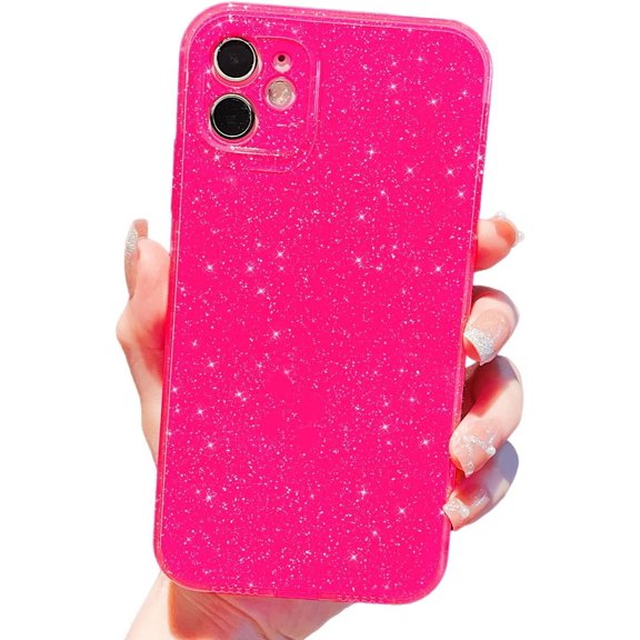 Compatible with iPhone 12 Case 6.1 inch, Cute Neon Bright Color,Glitter Bling Thin Slim Shockproof Silicone Sparkly Case, Soft TPU Phone Case for Women Girl-Hot Pink