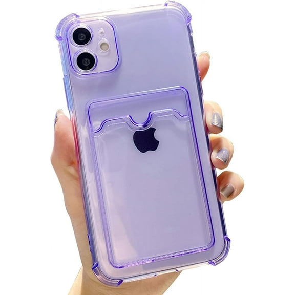 Compatible for iPhone 12 Case Clear with Card Holder, Cute Phone Cover for Women Girl, Protective Soft TPU Shock-Absorbing Wallet Case for iPhone 12-Clear Purple