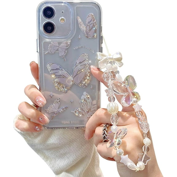 Compatible for iPhone 12 Case Cute Butterfly Pattern Clear Design Aesthetic Women Teen Girls Glitter Pretty Crystal Sparkle Sparkly Phone Cases Protective Cover+(Butterfly Chain)