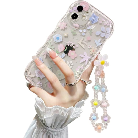 Compatible for iPhone 12 Case Cute Clear Flowers Floral Leaf Pattern Design Aesthetic Women Teen Girls Soft TPU Shockproof Protective Cover+Flower Phone Chain-Pink
