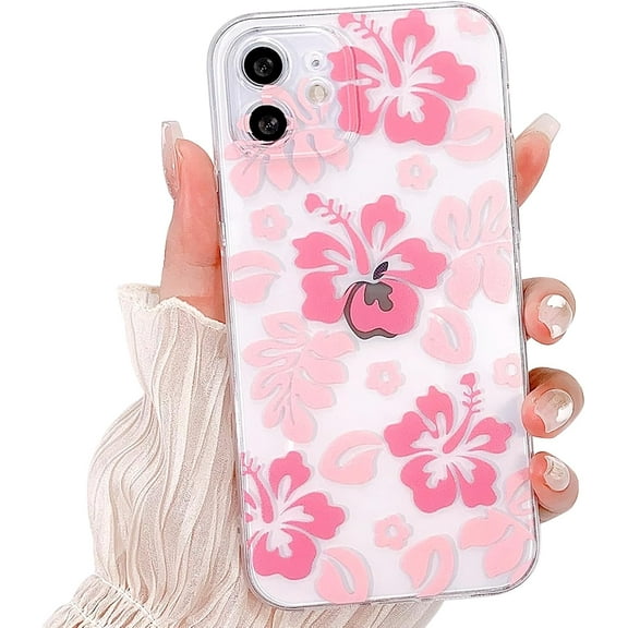 Compatible for iPhone 12 Case Cute Clear Hibiscus Flower Floral Aesthetic Printed Design for Girls Women Soft TPU Shockproof Protective Girly for iPhone 12-White